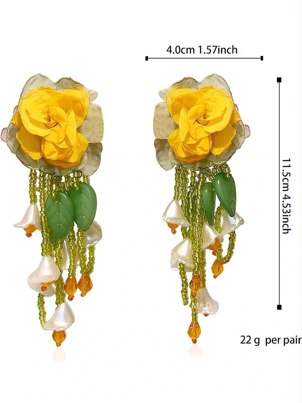 Yellow Flower Drop Earrings with Green Leaf Beads